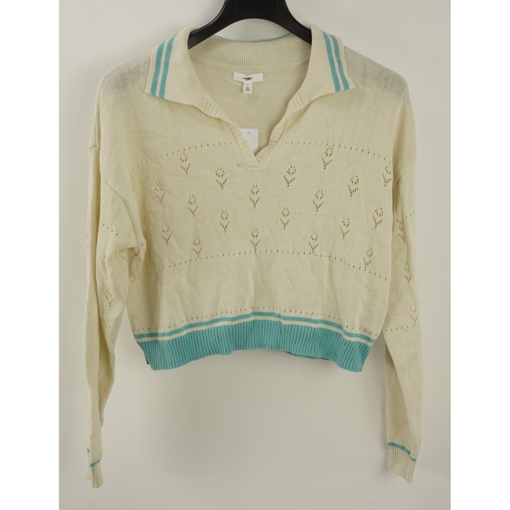 New BP Womens Size L Ivory‎ & Blue Crochet Floral Tipped Collared V-Neck Sweater